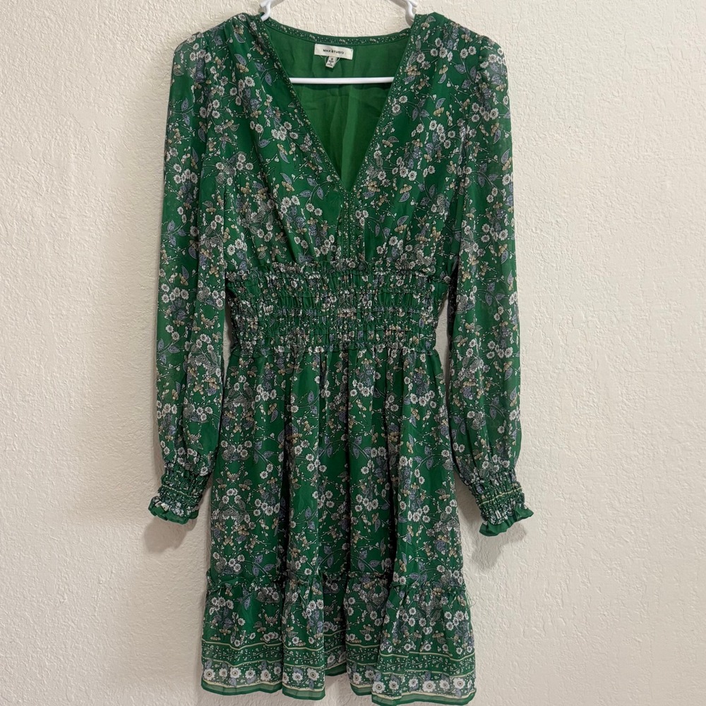 MAX STUDIO Green Floral Print Smocked Waist Long Sleeve Mini Dress Size S - Picture 4 of 12